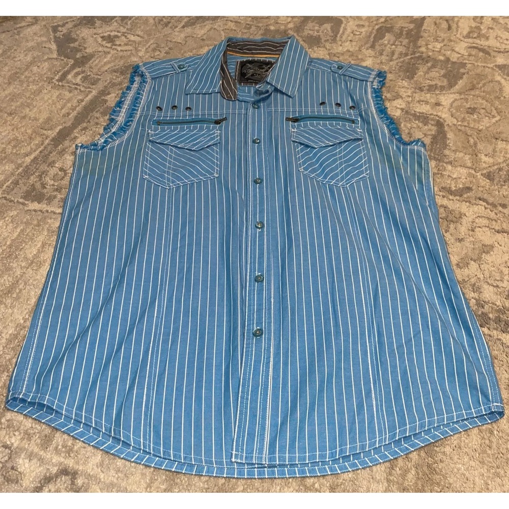 Men's Blue Stripe Button Down Shirt Drill Clothing Co Sleeveless Sz‎ Large Biker